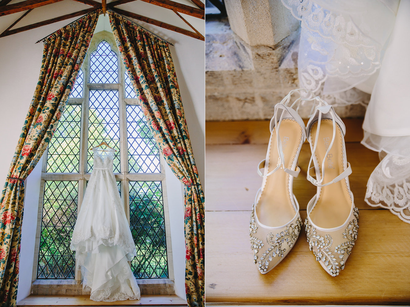 Wedding dress hanging from a large window and wedding shoes on the windowsill.