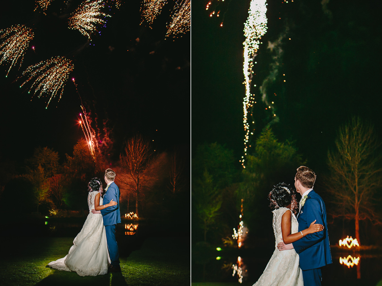 Wedding couple looking standing in front of fireworks