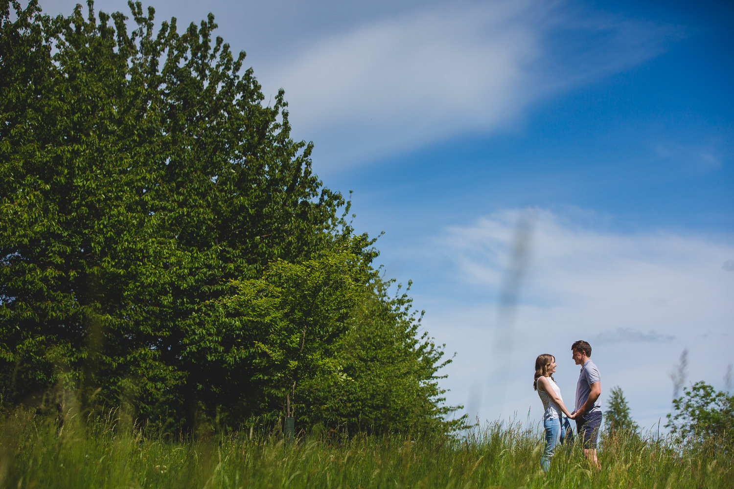 A lady and man in a field in Cambridge for their engagement shoot