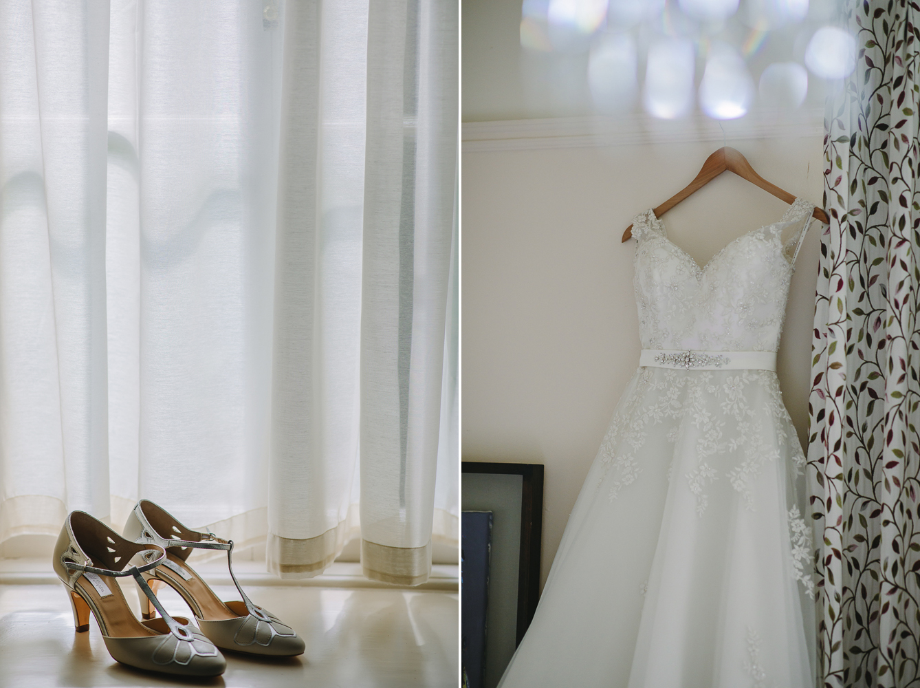 Brides dress hanging up. Wedding bridal shows placed on a window sill.