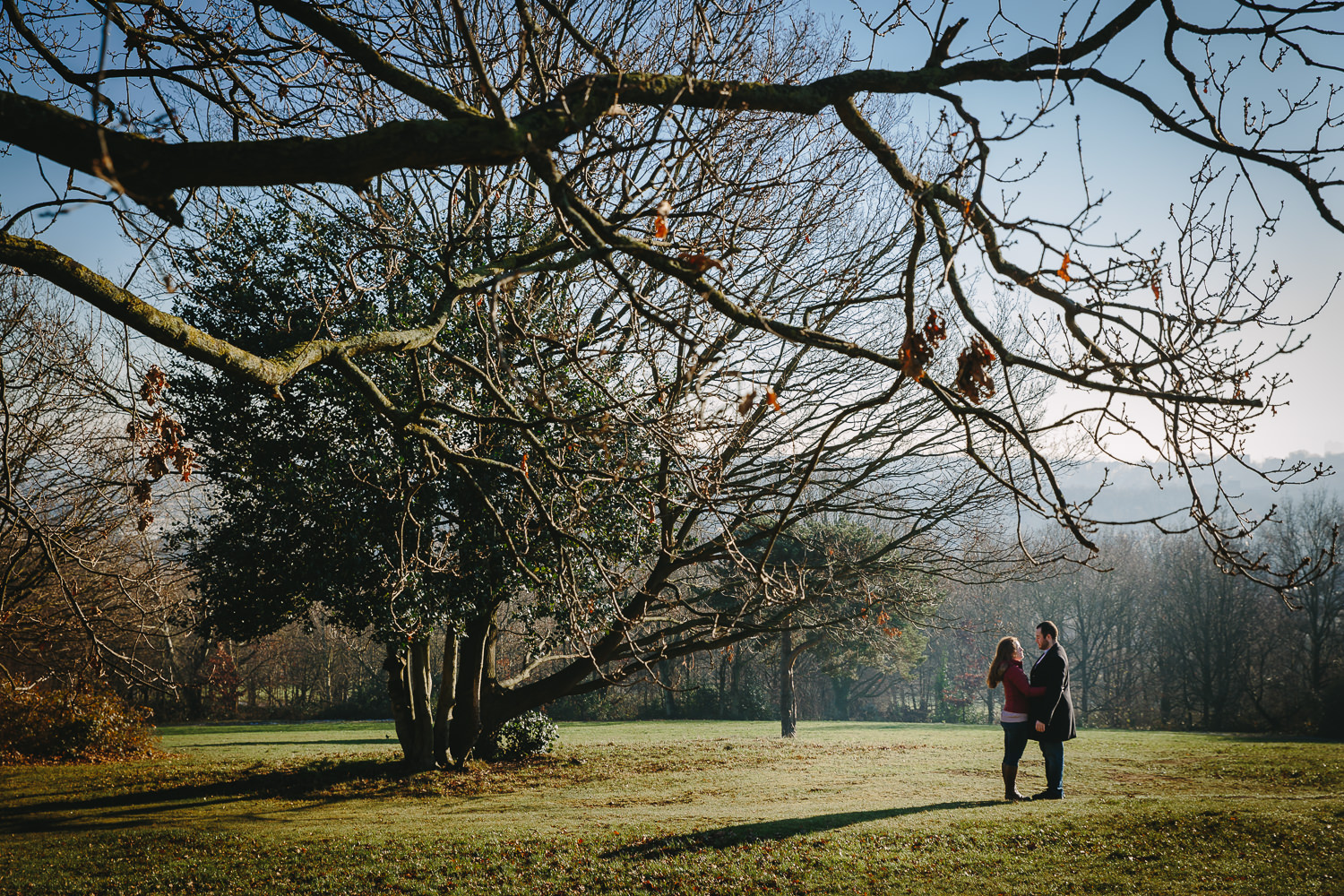 Scenic winter engagement shoot photo of a couple in the woodlands of Alexandra palace in London