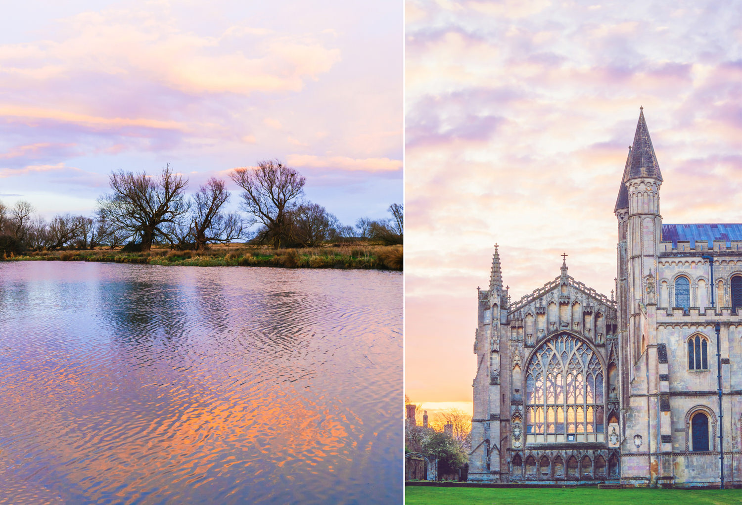 Two pictures, one of Ely Cathedral and the other a river at sunset