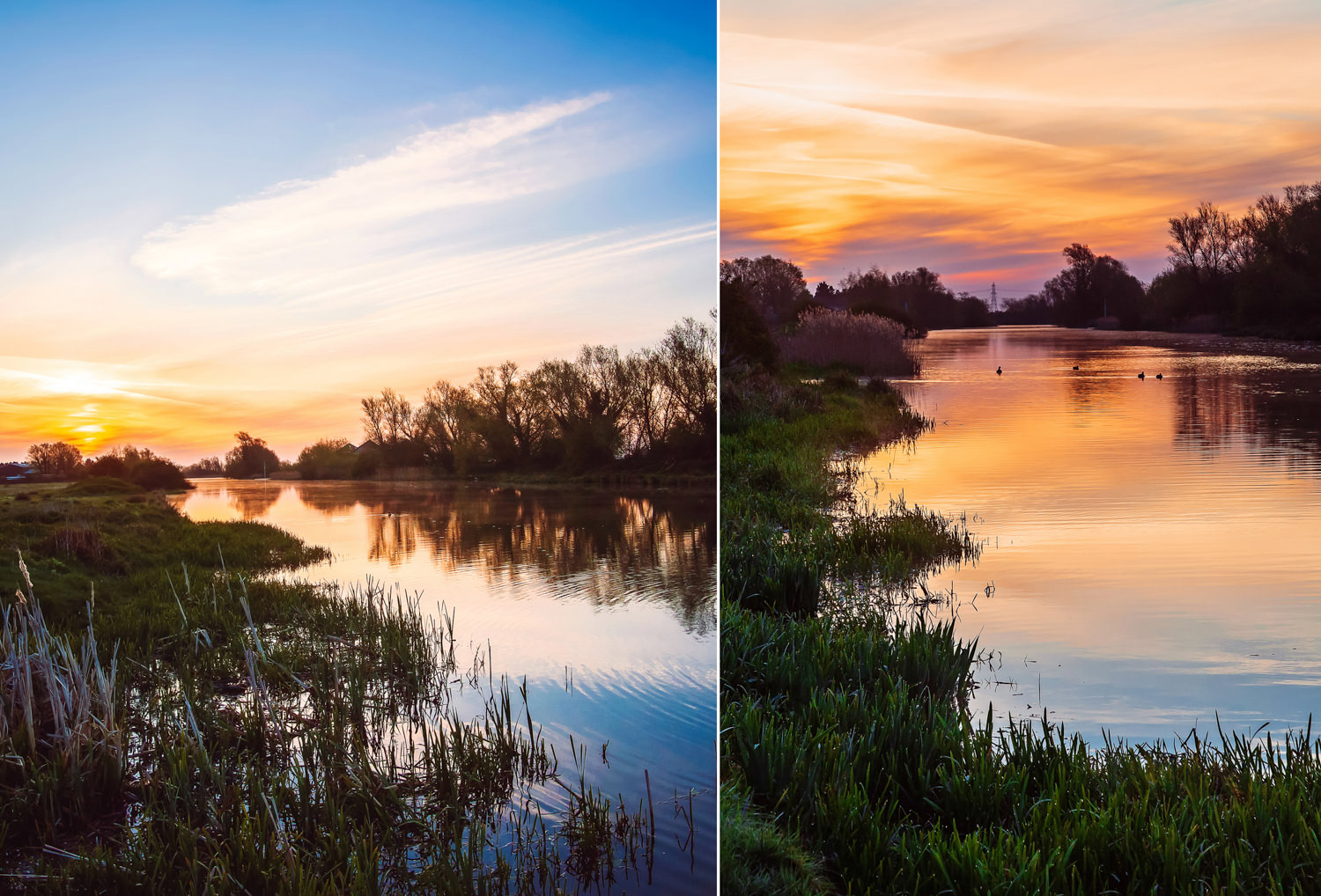 Sunrise along a river, trees in the bank in the distance