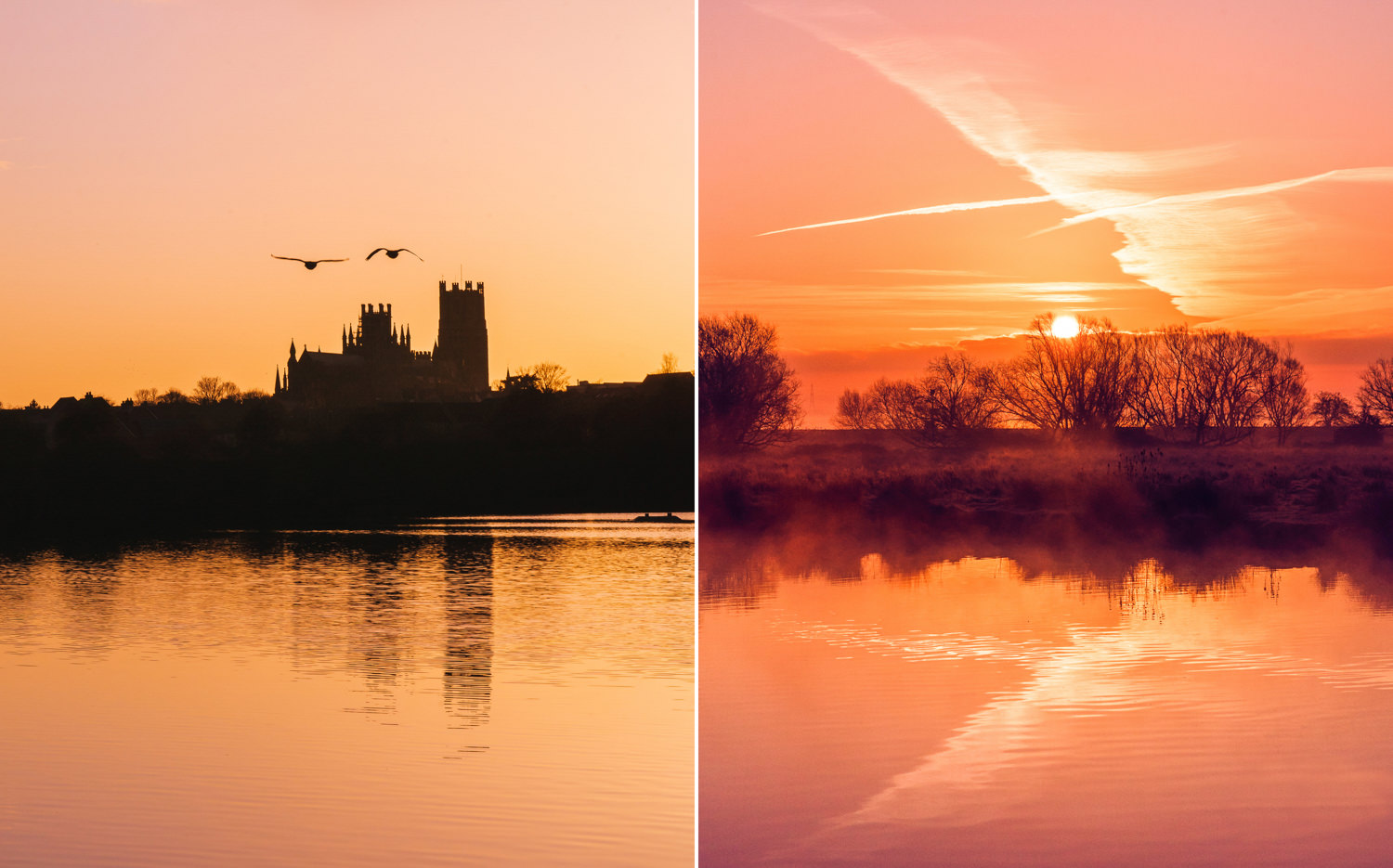 Ely cathedral at sunset and a clouds at sunrise along a river